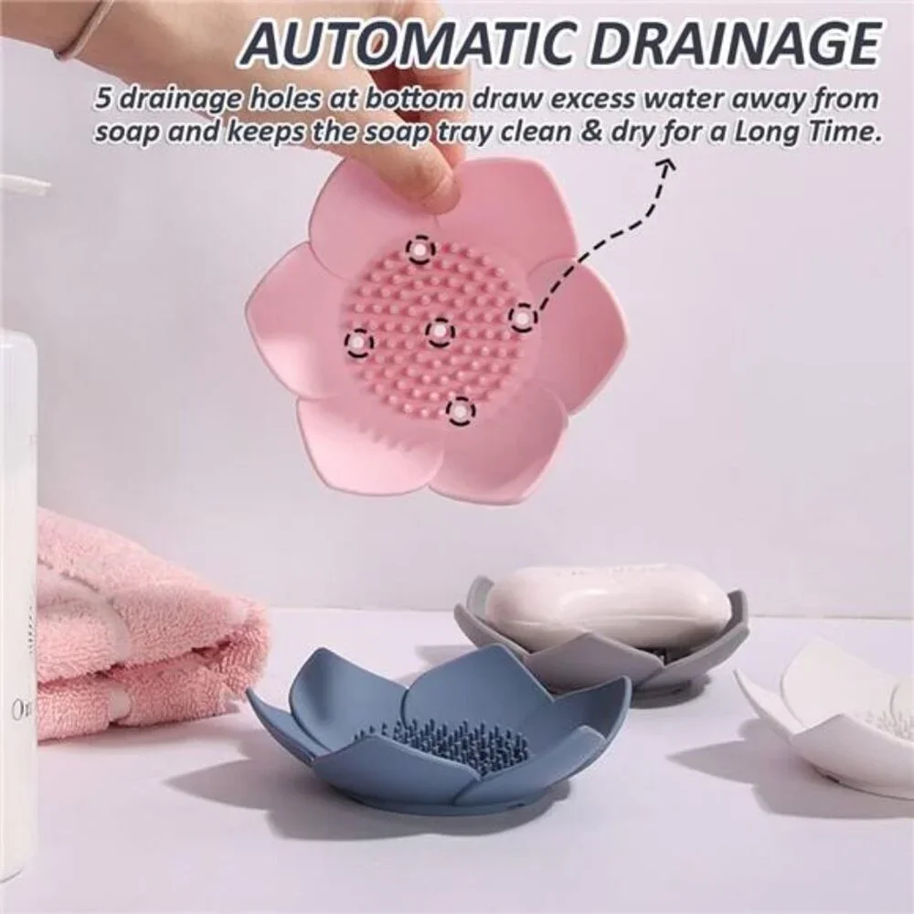 Silicone Soap Dish Soap Holder Flower Shape Draining Tray for Bathroom Kitchen
